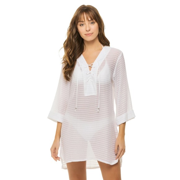 J. VALDI V-Neck Lace Up Tunic White Swim XS X-small Sheer Stripe New with Tag - Picture 1 of 7